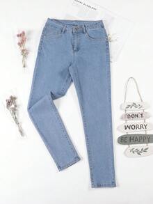 HIMARRI Jeans Ajustados Elásticos Azul Profundo para Mujer - Cintura Alta, Denim Cómodo con Cierre de Botón, Lavables a Máquina, Pantalones Cortos - Celeste - Ver 1