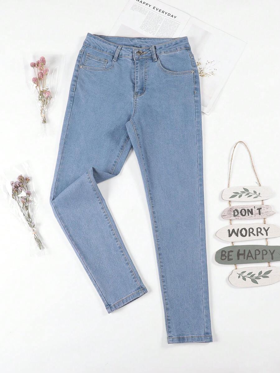 HIMARRI Jeans Ajustados Elásticos Azul Profundo para Mujer - Cintura Alta, Denim Cómodo con Cierre de Botón, Lavables a Máquina, Pantalones Cortos - Celeste - Ver 1