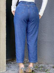 Women's Mom Jeans With Elastic Back Elegant Fashion - 深色水洗藍 - 查看 2