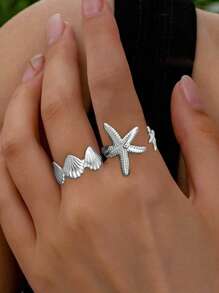 2pcs Metal Ocean Series Rings Set, 3D Starfish And Shell Adjustable Rings For Women, Suitable For Ball, Party, Holiday Wear, Girlfriends' Date Gift