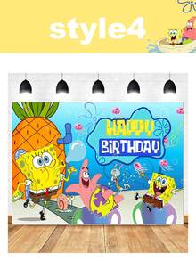 Spongebob SquarePants Theme Photography Background Fabric Birthday Party Photo Banner Decoration Christmas Decorations Home Christmas Gifts Christmas Decor - Multicolor - View 15