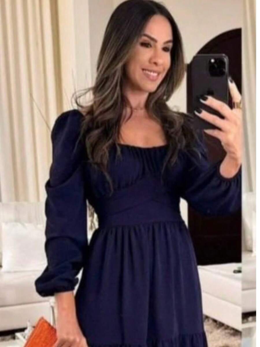 Women's Long Sleeve Square Neck Maxi Dress With Belt – Timeless Elegance Simple Casual Elegant Party Cloth Ruffle Hem Pleated Bust Backless Wedding Evening - 藏蓝色 - 查看 1