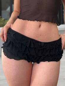 Womens Layered Ruffle Bloomers Bow Low Rise Mini Under Shorts For Dresses Summer Clothes - 黑色 - 查看 6