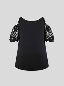 Fashionable Minimalist Versatile V-Neck Zipper Contrast Lace Hollow Out Short Sleeve T-Shirt - Black - View 5