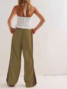 Women's Wide Leg Pants Drawstring High Waist Side Stripes Loose With Pockets Trousers - Quân đội Xanh - Xem 2