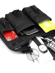 多口袋战术货运背包，多功能尼龙胸包，轻便手机收纳袋，便捷旅行包，时尚街头嘻哈胸包，适合学生、校园、旅行、通勤、嘻哈表演、健身、跑步、骑行、徒步、露营，男士礼物，男士工具腰包 - 黑色 - 查看 10