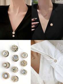 10-Piece Wardrobe Malfunction-Proof Button Fixed Clothes Skirt Waist Adjustment Artifact Rhinestone Brooch Sewing-Free Buttons. - White - View 3
