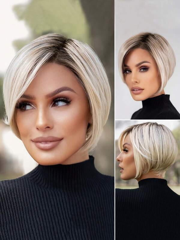8 Inch Short Fashion Straight BOB Wig Synthetic Blonde Dyed Dark Root Wig For Women