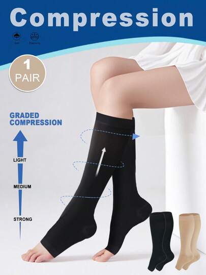 男女通用腿部塑形舒适压缩及膝袜露趾运动弹力小腿塑身袜适合所有季节，Y2K