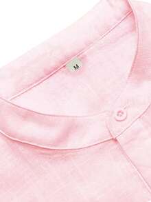 男士加大码复古风格纯色翻袖立领衬衫，采用亚麻质感面料，适合所有季节穿着。 - 玫紅色 - 查看 5