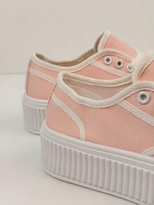 Zapatillas blancas de cordones y puntera redonda, zapatos de plataforma casual versátil con suela gruesa, de unicolor en estilo colegial, con tejido deportivo de trama y ribete contrastante, aptos para la playa, la oficina, el hogar, primavera, verano, otoño e invierno - Rosa - Ver 8