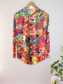 彩色印花休闲衬衫 - 单排扣长袖翻领上衣 - 四季居家、外出、办公穿着