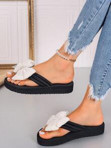 Women's Bow Decor Flip Flops, Fashion Outdoor Wear Slippers New Non-Slip Thick Sole Beach Sandals Summer Wedge - Beige - View 7