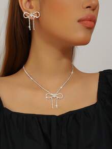 3 件套爪链全水钻蝴蝶吊坠项链和耳环首饰套装，适合女士、派对和新娘 - 銀色 - 查看 7