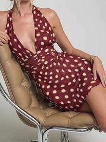 Womens Boho Floral Print Halter Neck Bodycon Dress Summer V Neck Sleeveless Backless Ruched Party Mini Dress Beach Vacation Sundress - Brown - View 4