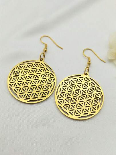 生命之花不锈钢大圆形耳环，男女款，黑色曼陀罗梅塔特隆吊坠耳环，珠宝，女孩礼物