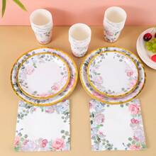 96 pièces Ensemble de fournitures de fête florale, décorations de fête florale de 7/9 pouces pour une douche de mariée, décorations thème tea party pour invités, assiettes en papier jetables, gobelets en papier, serviettes en papier pour fête, anniversaire, mariage, tea party. Vaisselle jetable.