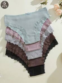 5pcs/Set Women Lace Patchwork Comfortable Breathable Bow Decor Panties Set, Soft Stretchy Casual Underwear - Multicolor - View 5