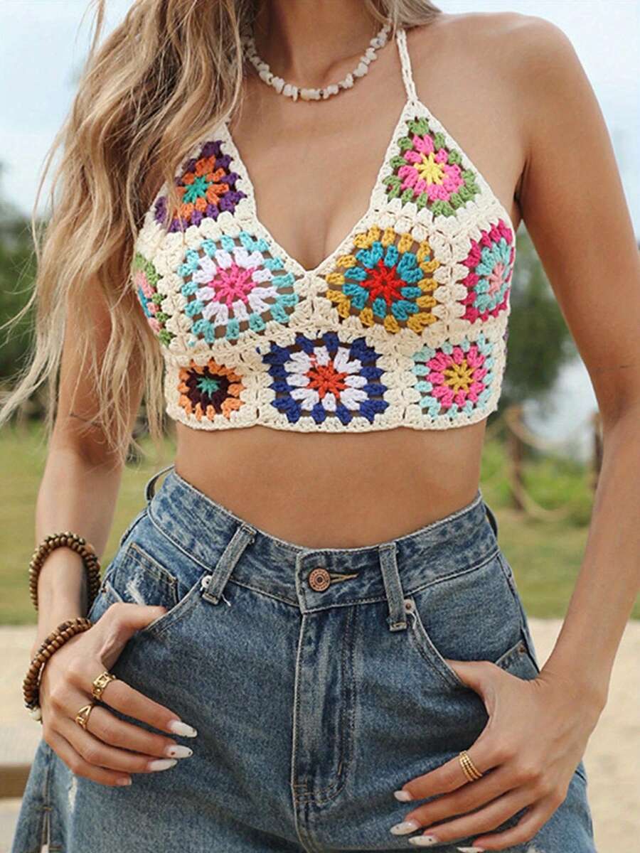 Womens Knit Cami Tops Sleeveless Tie Halter Neck Crochet Floral Camisole Tops Summer Shirts - 杏色 - 查看 1