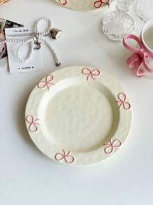 1pc Ins Style Cute Bow Ceramic Plate, Household Bow Design Tableware Ceramic Plate, Shallow Dish, Dessert & Fruit Plate, Breakfast Plate For Single Use - Multicolor - View 14