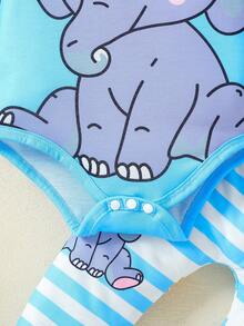 3pcs Newborn Baby Boy Outfit Set, Cartoon Elephant Print Bodysuit, Blue & White Striped Pants, Creative Pointy Hat, Gift For Kids, Autumn/Winter - Blue - View 4