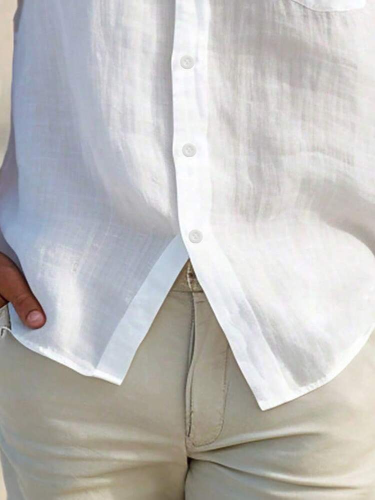 Camisa casual de unicolor para hombre, camisa de manga corta, camisa blanca de moda, camisa hawaiana de resort de playa - Blanco - Añade 4