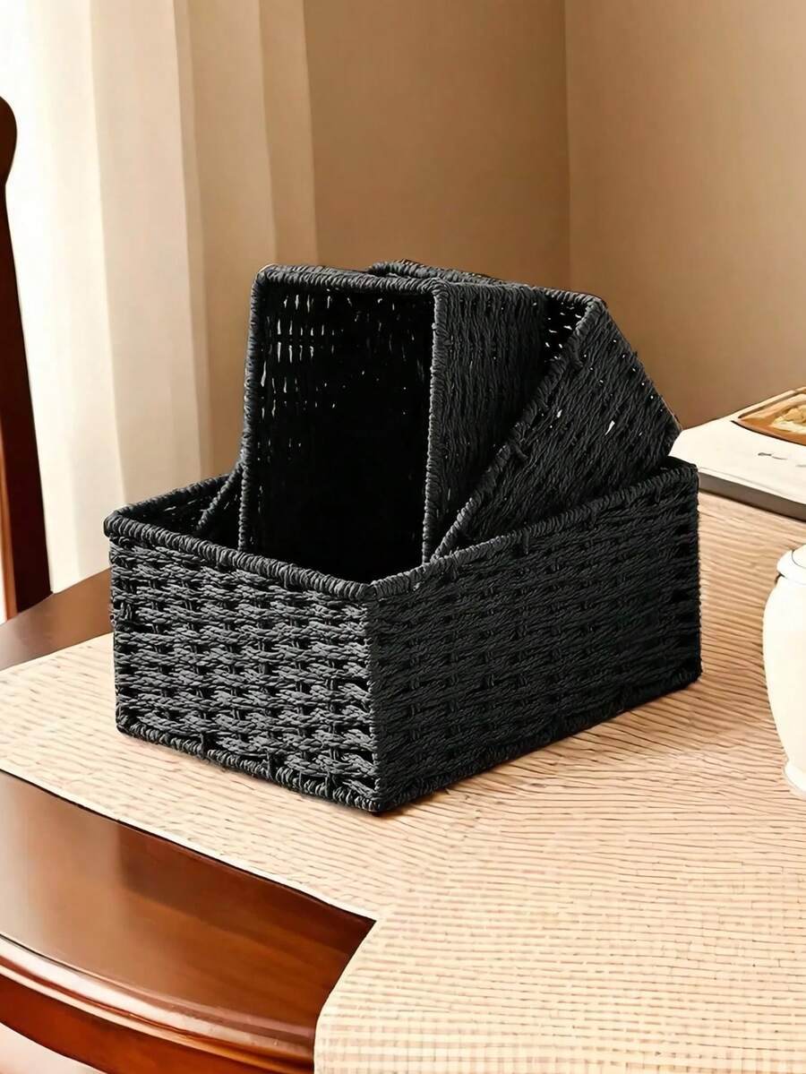 1 pieza/3 piezas Cestas de almacenamiento, organizador de escritorio de mesa de entrada para aperitivos, cosméticos, cestas tejidas vintage para el hogar - Negro - Ver 1