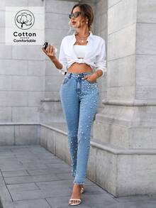 休闲弹力紧身珍珠洗水牛仔裤，百搭，时尚，优雅，性感，适合日常穿着，生日派对，旅行，舞台和音乐会，春夏季 - 藍色 - 查看 2