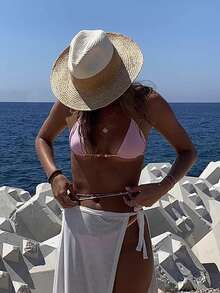 1pc Women's Summer Straw Panama Hat, Wide Brim Sun Protection Vacation Beach Cap, Suitable For Evening Party, Outdoor Sun Shading - Solid Color - View 8