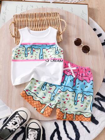 Summer Boys Sleeveless Tank Top And Beach Shorts Set, Island Vacation Style