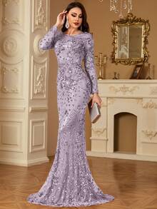 hezixi 舒适，适合各种体型，透视圆领长袖亮片修身鱼尾裙摆设计，风格独特，女士正式舞会礼服/晚礼服 - 淺灰紫 - 查看 6