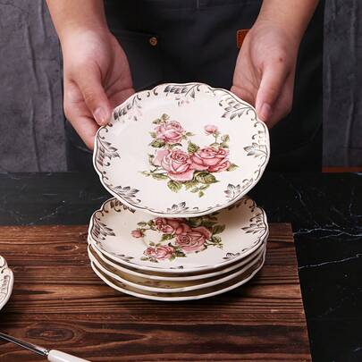 Elegantes 4-teiliges Dessertteller-Set aus elfenbeinfarbenem Keramik mit Blumenmuster an den Kanten - ideal für Snacks, Butter, Knochen und mehr - perfekt für Partys, Hochzeiten, Nachmittagstee und Restaurants