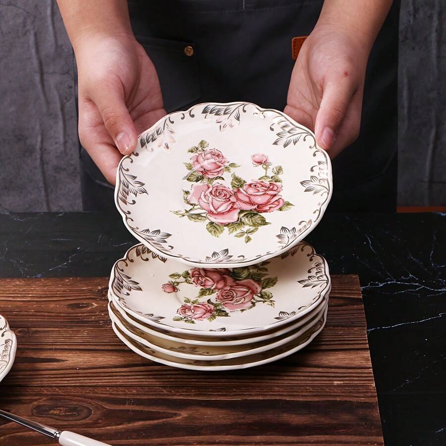 Élégant set de 4 assiettes à dessert en céramique blanc ivoire - design à bordure florale pour les collations, le beurre, les os et plus encore - parfait pour les fêtes, les mariages, le thé de l'après-midi et les restaurants - Multicolore - Voir 1