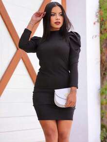 Ribbed Midi Dress High Neck Puff Sleeve. - 黑色 - 查看 1