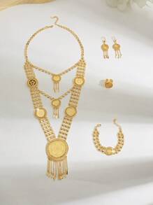 Mgyi Gold-Colored Copper Fashionable And High-End Luxury Retro Jewelry Set For Women,14K Gold Plated Elegant Luxury Square Design Necklace, Earrings, Bracelet, Ring For Women, Suitable For Nigeria, Dubai, Middle East, Saudi Arabia Bridal Wedding, Daily Wear, Wedding Anniversary Gift, Halloween Gift For Friends