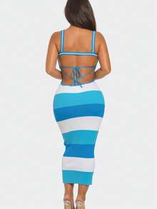 Multi Stripe Stretchy Knit Midi Dress  Colorblock  Striped    Casual  Elegant    Rib-Knit    Beach - Màu xanh lam - Xem 7