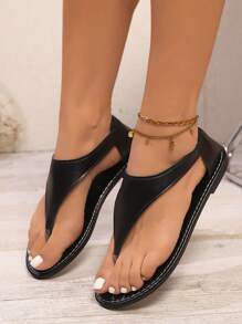 Women Plus Size Flat Toe Post Sandals, New Fashion Solid Color White Toe Post Slippers, Comfortable Non-Slip Versatile Ladies Casual Shoes