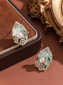 1 Pair Luxury Oval Teardrop Pearl Flower Earrings For Women, Unique High-End Design - Flowers - View 2