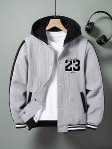 青少年男孩数字印花拼色连帽夹克外套 - 灰色 - 查看 1
