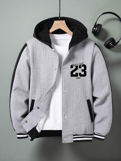 青少年男孩数字印花拼色连帽夹克外套