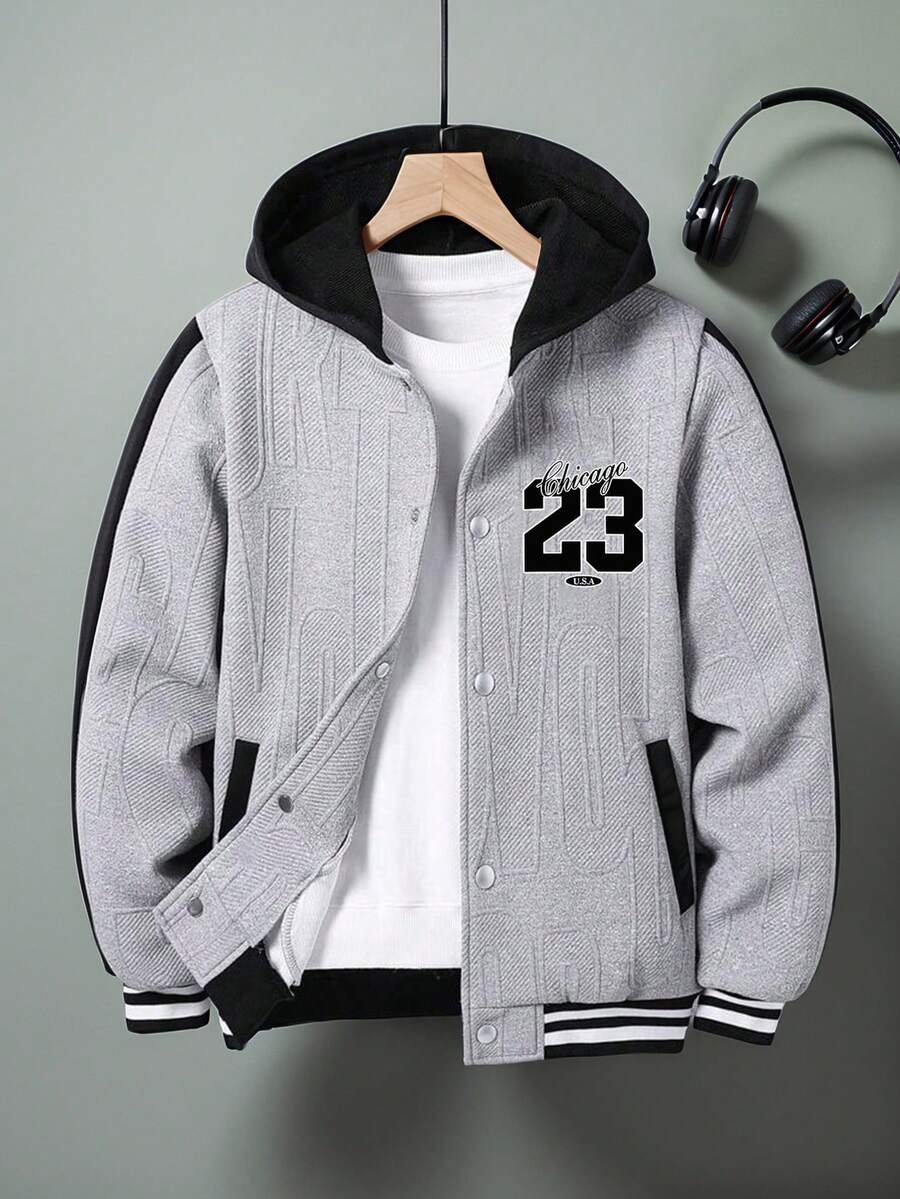 青少年男孩数字印花拼色连帽夹克外套 - 灰色 - 查看 1