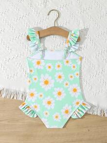 1pc Green Daisy Pattern Young Girl One-Piece Swimsuit, Fashionable For Summer - Multicolor - View 2