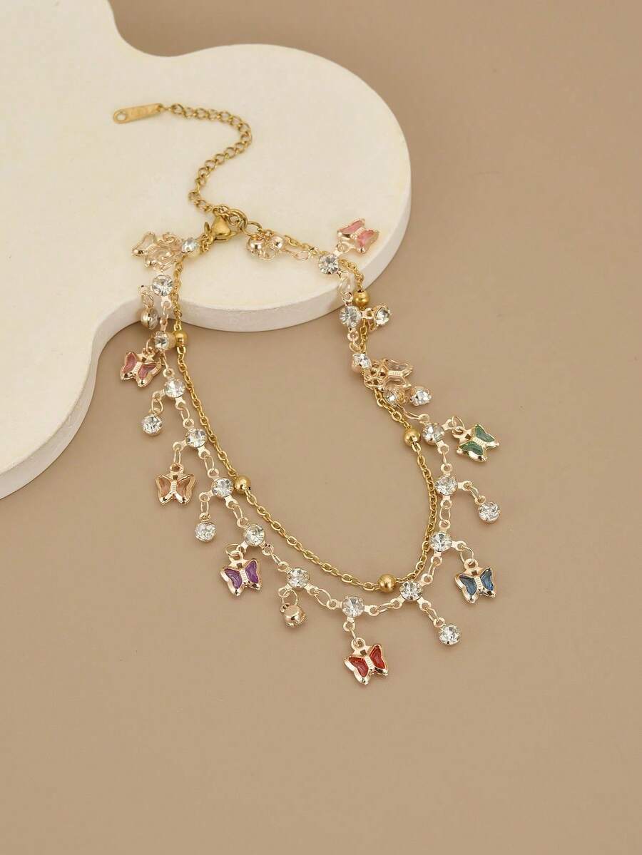 1 chiếc vòng chân bằng thép không gỉ hai lớp đính đá lấp lánh nhiều màu sắc sang trọng dành cho nữ, thích hợp cho mùa xuân và mùa hè - Vàng - Xem 1