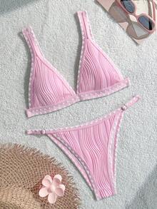 Bikinx Traje de baño de tankini con bloque de color y adorno de volantes para vacaciones - Rosa - Ver 1