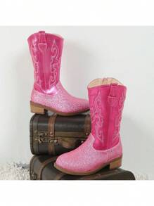 Um Par de Botas para Meninas - Botas de Cowboy Ocidentais Bordadas de Cano Alto/Média Altura, Bico Fino, Zípers Laterais, Saltos