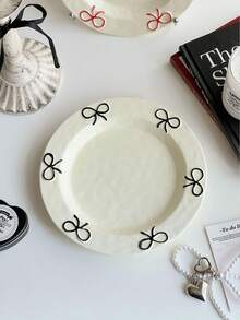 1pc Ins Style Cute Bow Ceramic Plate, Household Bow Design Tableware Ceramic Plate, Shallow Dish, Dessert & Fruit Plate, Breakfast Plate For Single Use - Multicolor - View 13