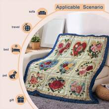 Vintage Floral Heart Throw Blanket - Made Of Polyester, Comfortable For All Seasons, Knitted And Quilted Design, With Floral Pattern Of Red, Pink And Blue Roses, Ideal For Sofa Or Bed Decor, Cozy Home Decor | Vintage Comforter Design | Durable Quilted Blanket