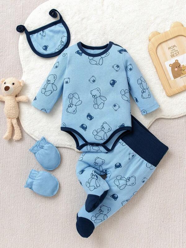 4 pièces/Set Nouvel ensemble barboteuse à manches longues et pantalon avec imprimé ours pour bébé garçon
