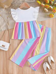 [Dreamy Rainbow . Playful Blooms] Ruffled Sleeve Meets 3D Flower Camisole + Wide Leg Pants Set, Girls Sweet Stripes Outfit, Energetic & Lovely, Suitable For Children's Daily Wear, Leisure, Travel And Outdoor - Multicolor - View 2