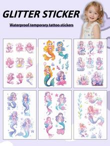 Set de 6 tatuajes temporales brillantes de sirena, tatuajes de dibujos animados a prueba de agua y sudor, desechables para niños en cara, brazo, cintura, pecho, pierna, abdomen, cuello, mano, dedo, espalda para fiestas, actuaciones, Día del Niño, arte corporal moderno. - Multicolor - Ver 9